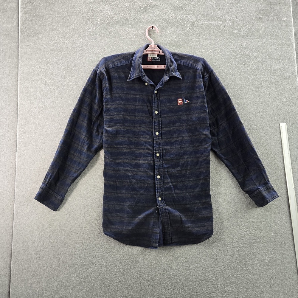 Chaps Ralph Lauren Men Button Up Shirt L Blue Embroidered Striped Logo Patch